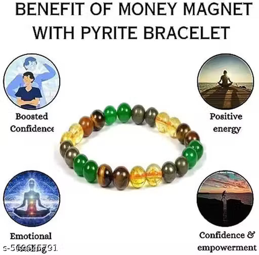 Money Magnet Bracelet Pyrite, Green Aventurine, Citrine, Hematite, Clear Quartz, Green Tiger Eye, Tiger Eye, Amethyst Crystal Healing Natural Stone Gemstone Bracelet Beaded Bracelet for Men & Women, Bead Size 8 mm, Color Multi