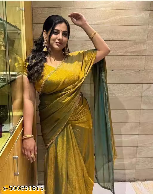 M M ETHNICS PRESENTING NEW RICH CHFFORN FENDY SOFT FABRIC ALPNG RICH BORDER LOOK SAREE WITH BLOUSE