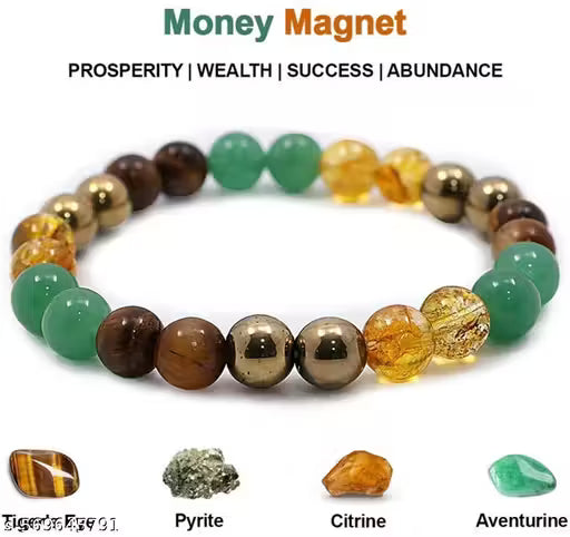 Money Magnet Bracelet Pyrite, Green Aventurine, Citrine, Hematite, Clear Quartz, Green Tiger Eye, Tiger Eye, Amethyst Crystal Healing Natural Stone Gemstone Bracelet Beaded Bracelet for Men & Women, Bead Size 8 mm, Color Multi