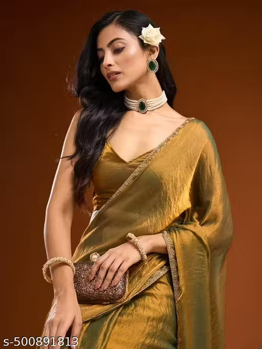 M M ETHNICS PRESENTING NEW RICH CHFFORN FENDY SOFT FABRIC ALPNG RICH BORDER LOOK SAREE WITH BLOUSE